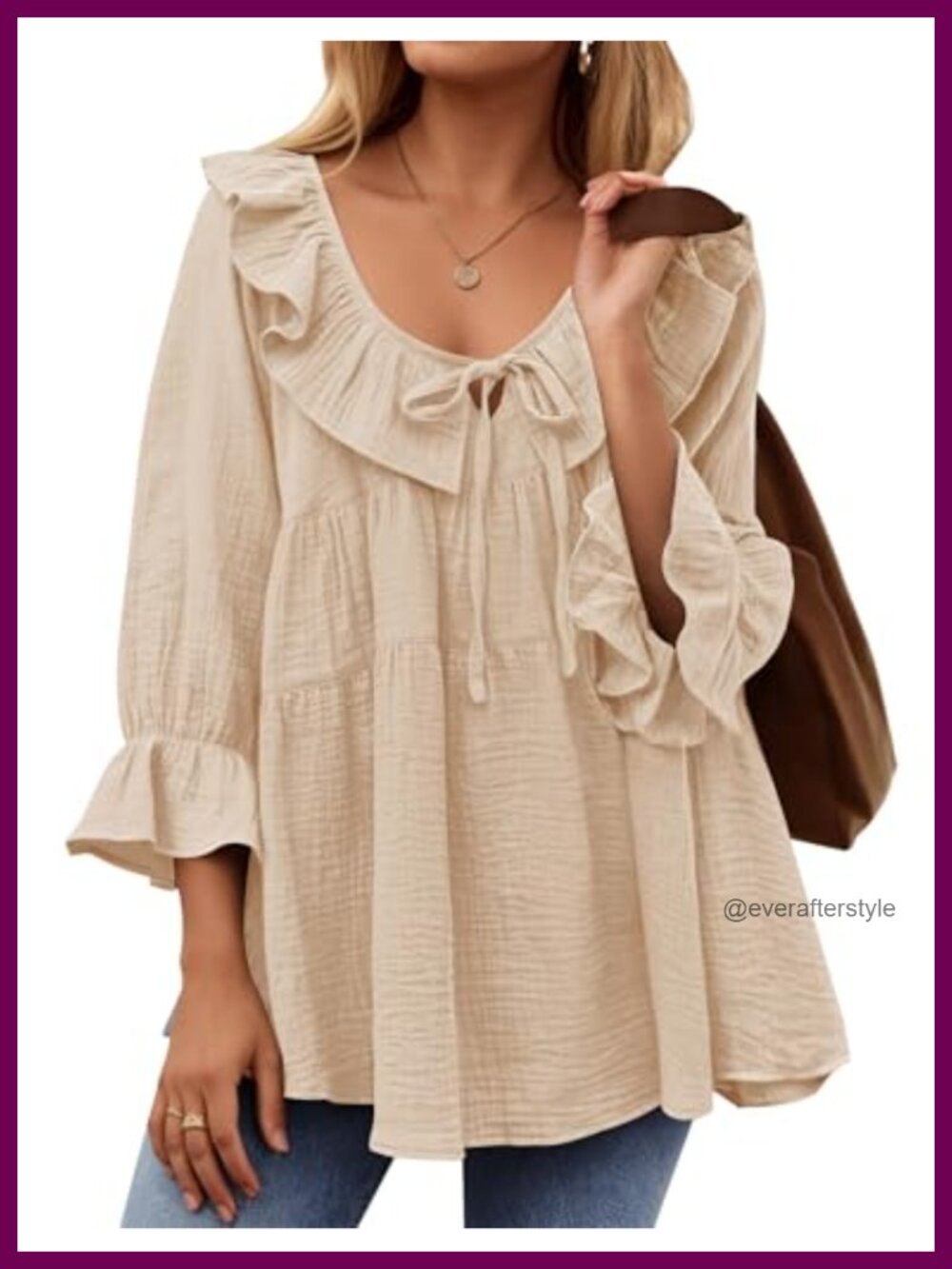 Womens Flowy Boho 3/4 Sleeve Tie Front Ruffle Tunic Top